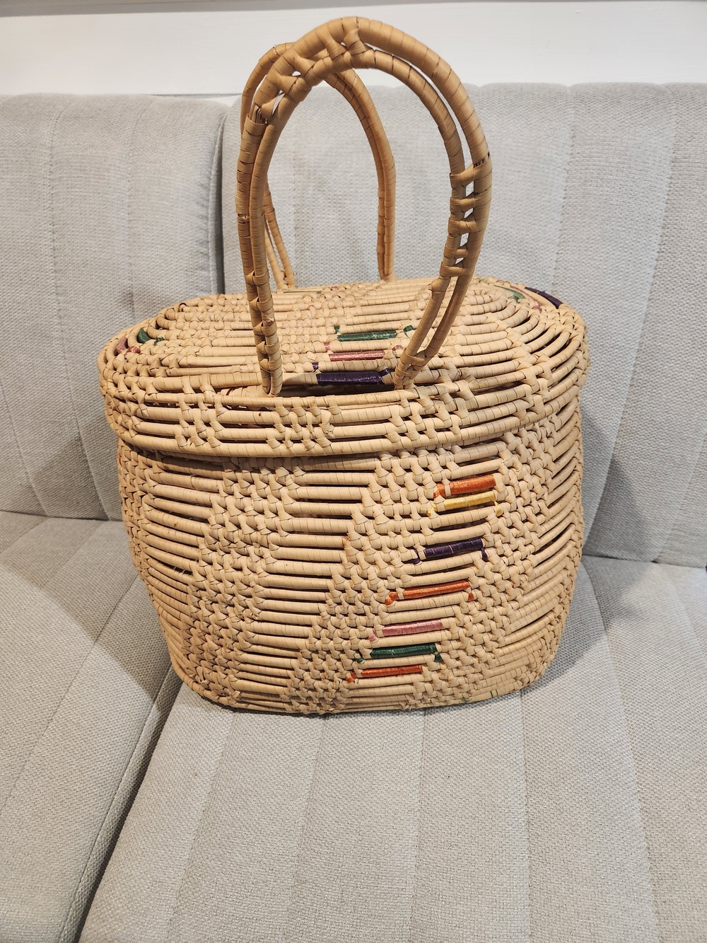 Natural Woven Straw Tote with Multicolor Accents